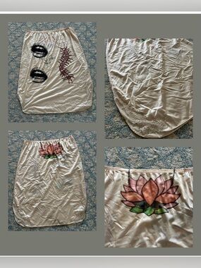 Vintage upcycled slip Graphic Lip & Centipede Print Skirt & lotus in Cream